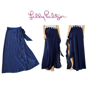 Lilly Pulitzer Berdine Ruffled 100% Silk Boho Maxi Wrap Skirt in Blue Size 6